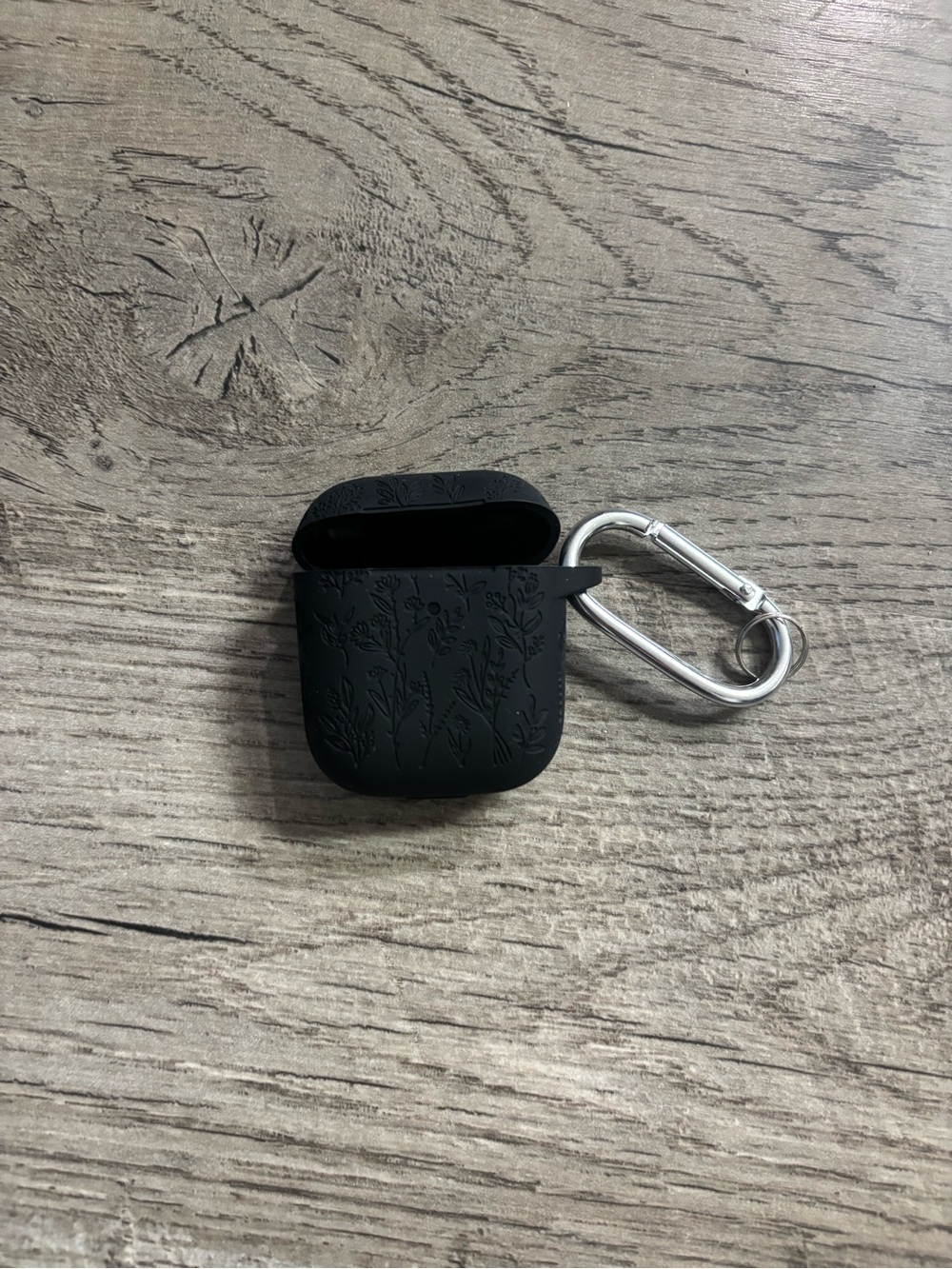 Amazon Black Floral Silicone Earbud Case with Silver Carabiner